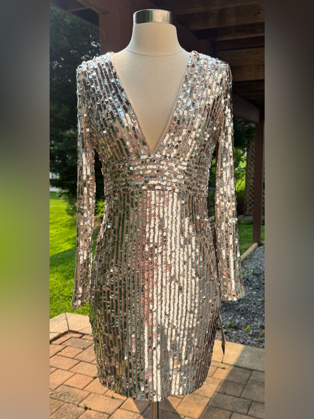 New Aidan Mattox Silver Sequin Long Sleeve Mini Dress Size 4